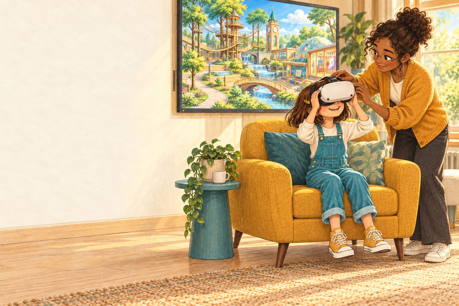 A girl in denim overalls sits in a yellow armchair while a smiling woman fits a virtual-reality headset over her eyes; a screen behind them shows a sunny playground world.