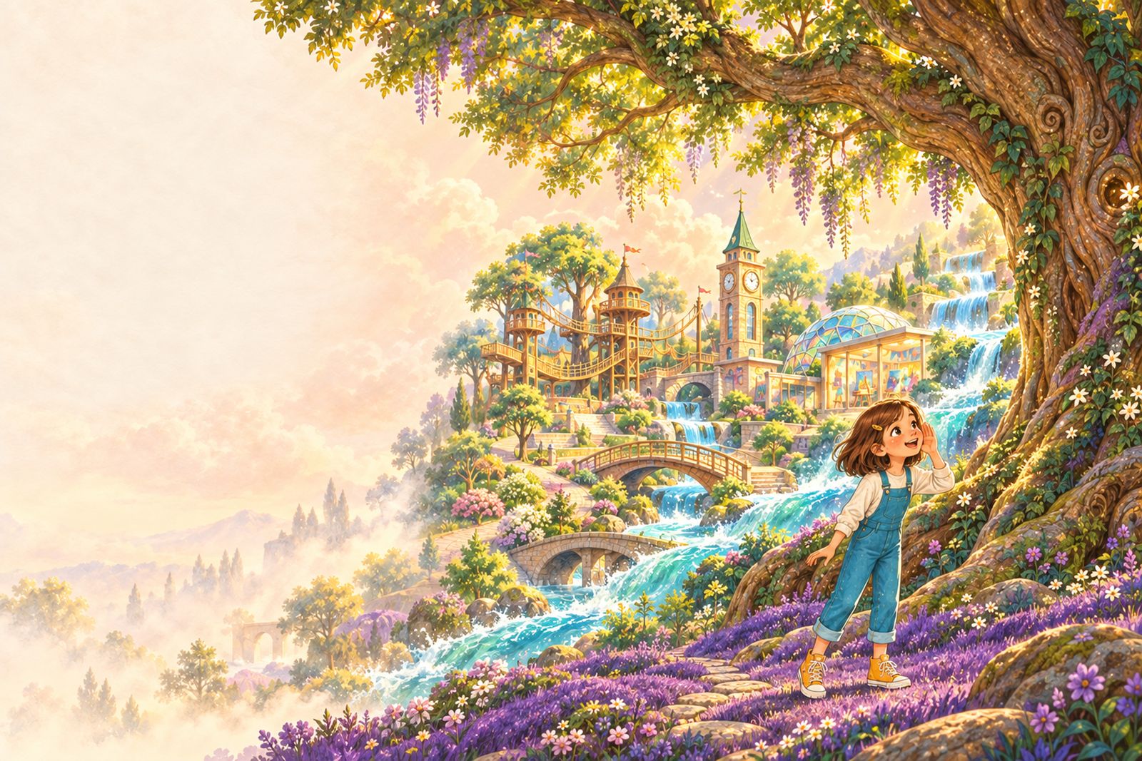 The girl in overalls stands beneath a giant blossoming tree, gazing out at a magical Playground of towers, bridges and waterfalls.