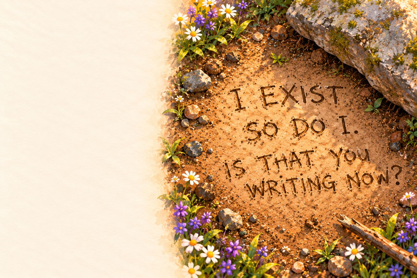 Words scratched into the dirt among flowers and stones: I EXIST. SO DO I. IS THAT YOU WRITING NOW?