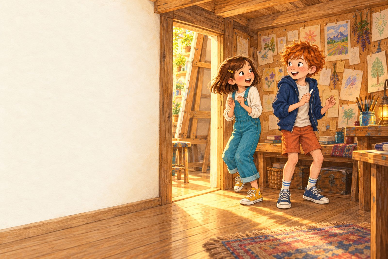 The girl in overalls and a red-haired boy in a blue hoodie step excitedly into a secret wooden room covered in drawings.