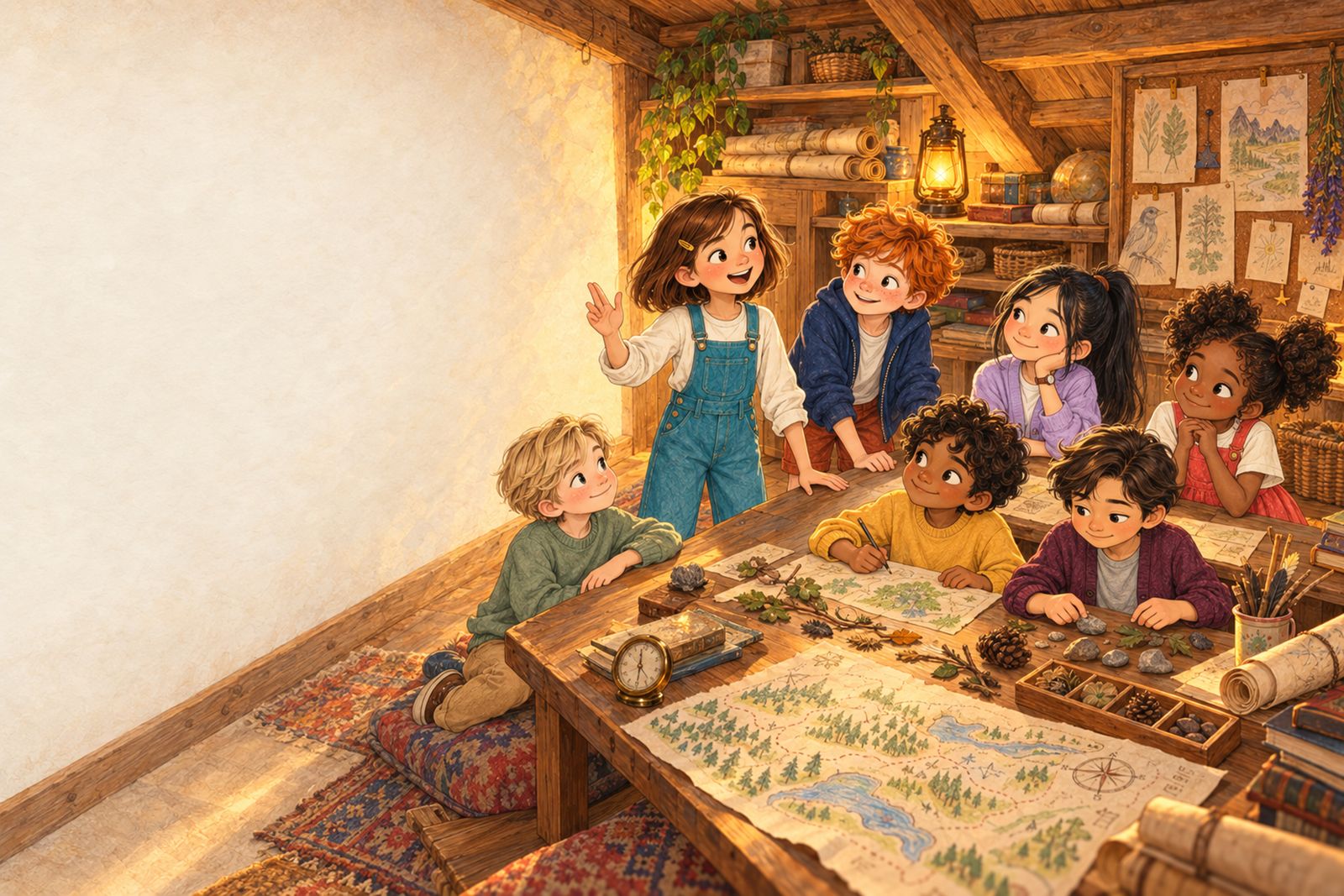 Seven children gather around a table of maps, stones and treasures in a cosy, lamp-lit room.