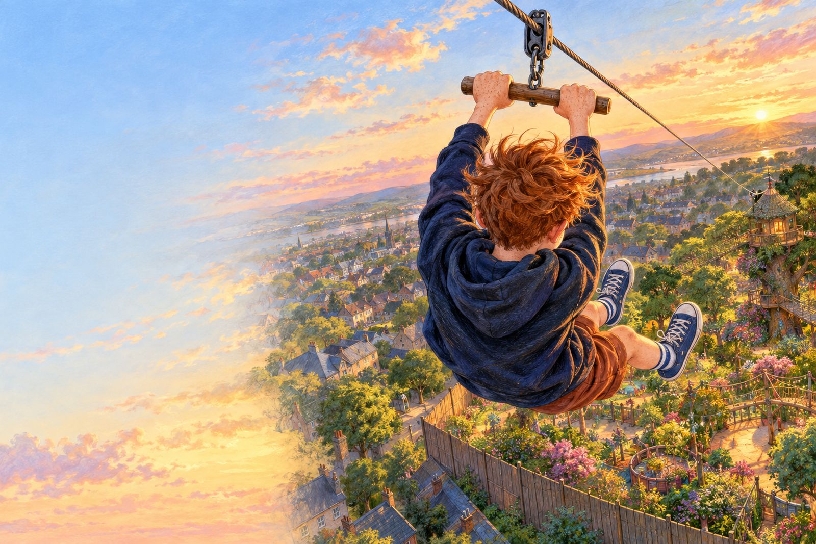 A red-haired boy in a blue hoodie flies down a zip line high above a town at sunset.